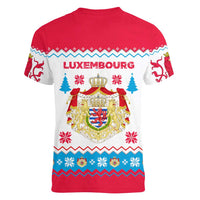 Luxembourg Christmas Women V-Neck T-Shirt with Red Lion Crest and Snowflake Pattern