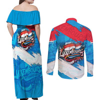 Luxembourg Flag Couples Matching Off Shoulder Maxi Dress and Long Sleeve Button Shirt with Colorful Graffiti Street Art Design - Wonder Print Shop