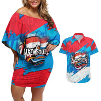 Luxembourg Flag Couples Matching Off Shoulder Short Dress and Hawaiian Shirt with Colorful Graffiti Street Art Design - Wonder Print Shop