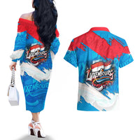 Luxembourg Flag Couples Matching Off The Shoulder Long Sleeve Dress and Hawaiian Shirt with Colorful Graffiti Street Art Design - Wonder Print Shop