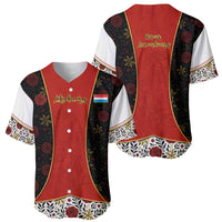 Luxembourg Baseball Jersey with Floral Folk Embroidery and Red Black Pattern Design
