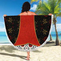 Luxembourg Beach Blanket with Floral Folk Embroidery and Red Black Pattern Design