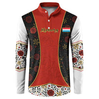 Luxembourg Button Sweatshirt with Floral Folk Embroidery and Red Black Pattern Design