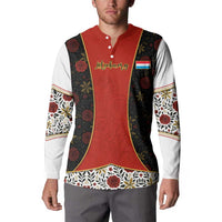 Luxembourg Button Sweatshirt with Floral Folk Embroidery and Red Black Pattern Design