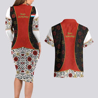 Luxembourg Couples Matching Long Sleeve Bodycon Dress and Hawaiian Shirt with Floral Folk Embroidery and Red Black Pattern Design