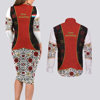 Luxembourg Couples Matching Long Sleeve Bodycon Dress and Long Sleeve Button Shirt with Floral Folk Embroidery and Red Black Pattern Design