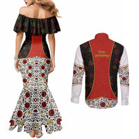 Luxembourg Couples Matching Mermaid Dress and Long Sleeve Button Shirt with Floral Folk Embroidery and Red Black Pattern Design