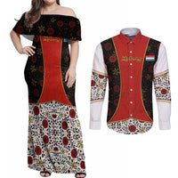 Luxembourg Couples Matching Off Shoulder Maxi Dress and Long Sleeve Button Shirt with Floral Folk Embroidery and Red Black Pattern Design