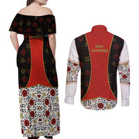 Luxembourg Couples Matching Off Shoulder Maxi Dress and Long Sleeve Button Shirt with Floral Folk Embroidery and Red Black Pattern Design