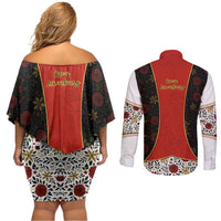 Luxembourg Couples Matching Off Shoulder Short Dress and Long Sleeve Button Shirt with Floral Folk Embroidery and Red Black Pattern Design