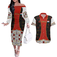 Luxembourg Couples Matching Off The Shoulder Long Sleeve Dress and Hawaiian Shirt with Floral Folk Embroidery and Red Black Pattern Design
