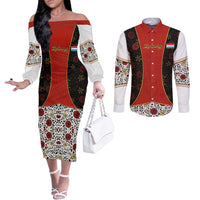 Luxembourg Couples Matching Off The Shoulder Long Sleeve Dress and Long Sleeve Button Shirt with Floral Folk Embroidery and Red Black Pattern Design