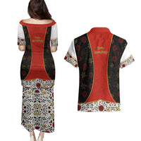 Luxembourg Couples Matching Puletasi and Hawaiian Shirt with Floral Folk Embroidery and Red Black Pattern Design