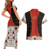 Luxembourg Couples Matching Short Sleeve Bodycon Dress and Hawaiian Shirt with Floral Folk Embroidery and Red Black Pattern Design