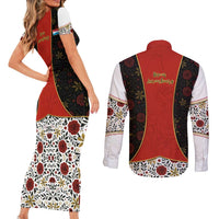 Luxembourg Couples Matching Short Sleeve Bodycon Dress and Long Sleeve Button Shirt with Floral Folk Embroidery and Red Black Pattern Design