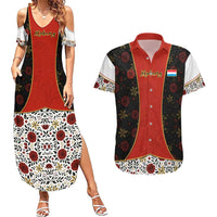 Luxembourg Couples Matching Summer Maxi Dress and Hawaiian Shirt with Floral Folk Embroidery and Red Black Pattern Design