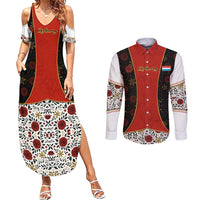 Luxembourg Couples Matching Summer Maxi Dress and Long Sleeve Button Shirt with Floral Folk Embroidery and Red Black Pattern Design