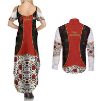 Luxembourg Couples Matching Summer Maxi Dress and Long Sleeve Button Shirt with Floral Folk Embroidery and Red Black Pattern Design