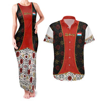 Luxembourg Couples Matching Tank Maxi Dress and Hawaiian Shirt with Floral Folk Embroidery and Red Black Pattern Design