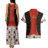 Luxembourg Couples Matching Tank Maxi Dress and Hawaiian Shirt with Floral Folk Embroidery and Red Black Pattern Design