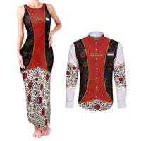 Luxembourg Couples Matching Tank Maxi Dress and Long Sleeve Button Shirt with Floral Folk Embroidery and Red Black Pattern Design