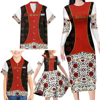 Luxembourg Family Matching Long Sleeve Bodycon Dress and Hawaiian Shirt with Floral Folk Embroidery and Red Black Pattern Design