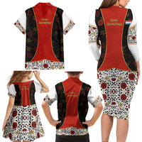 Luxembourg Family Matching Long Sleeve Bodycon Dress and Hawaiian Shirt with Floral Folk Embroidery and Red Black Pattern Design