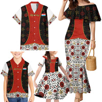 Luxembourg Family Matching Mermaid Dress and Hawaiian Shirt with Floral Folk Embroidery and Red Black Pattern Design