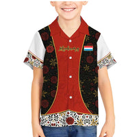 Luxembourg Family Matching Mermaid Dress and Hawaiian Shirt with Floral Folk Embroidery and Red Black Pattern Design