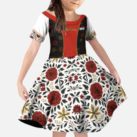 Luxembourg Family Matching Off The Shoulder Long Sleeve Dress and Hawaiian Shirt with Floral Folk Embroidery and Red Black Pattern Design