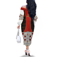 Luxembourg Family Matching Off The Shoulder Long Sleeve Dress and Hawaiian Shirt with Floral Folk Embroidery and Red Black Pattern Design