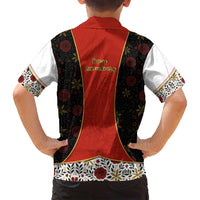 Luxembourg Family Matching Off Shoulder Maxi Dress and Hawaiian Shirt with Floral Folk Embroidery and Red Black Pattern Design