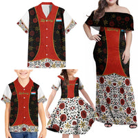 Luxembourg Family Matching Off Shoulder Maxi Dress and Hawaiian Shirt with Floral Folk Embroidery and Red Black Pattern Design