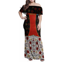 Luxembourg Family Matching Off Shoulder Maxi Dress and Hawaiian Shirt with Floral Folk Embroidery and Red Black Pattern Design