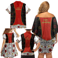 Luxembourg Family Matching Off Shoulder Short Dress and Hawaiian Shirt with Floral Folk Embroidery and Red Black Pattern Design