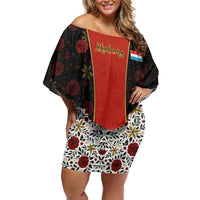Luxembourg Family Matching Off Shoulder Short Dress and Hawaiian Shirt with Floral Folk Embroidery and Red Black Pattern Design