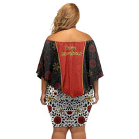 Luxembourg Family Matching Off Shoulder Short Dress and Hawaiian Shirt with Floral Folk Embroidery and Red Black Pattern Design
