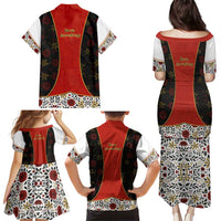 Luxembourg Family Matching Puletasi and Hawaiian Shirt with Floral Folk Embroidery and Red Black Pattern Design