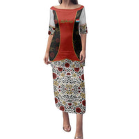 Luxembourg Family Matching Puletasi and Hawaiian Shirt with Floral Folk Embroidery and Red Black Pattern Design