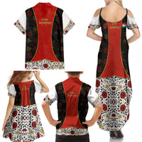 Luxembourg Family Matching Summer Maxi Dress and Hawaiian Shirt with Floral Folk Embroidery and Red Black Pattern Design