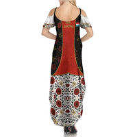 Luxembourg Family Matching Summer Maxi Dress and Hawaiian Shirt with Floral Folk Embroidery and Red Black Pattern Design