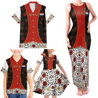 Luxembourg Family Matching Tank Maxi Dress and Hawaiian Shirt with Floral Folk Embroidery and Red Black Pattern Design