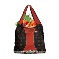 Luxembourg Grocery Bag with Floral Folk Embroidery and Red Black Pattern Design