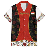 Luxembourg Hawaiian Shirt with Floral Folk Embroidery and Red Black Pattern Design