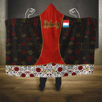 Luxembourg Hooded Blanket with Floral Folk Embroidery and Red Black Pattern Design