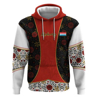 Luxembourg Hoodie with Floral Folk Embroidery and Red Black Pattern Design