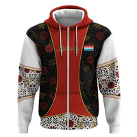 Luxembourg Hoodie with Floral Folk Embroidery and Red Black Pattern Design