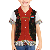 Luxembourg Kid Hawaiian Shirt with Floral Folk Embroidery and Red Black Pattern Design