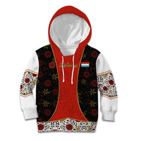 Luxembourg Kid Hoodie with Floral Folk Embroidery and Red Black Pattern Design