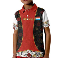 Luxembourg Kid Polo Shirt with Floral Folk Embroidery and Red Black Pattern Design